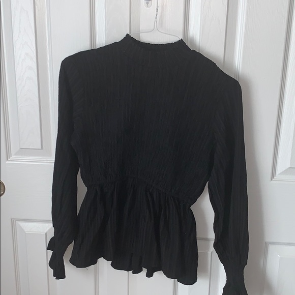 Black Ribbed Peplum Long Sleeved Blouse + SH - Picture 1 of 7